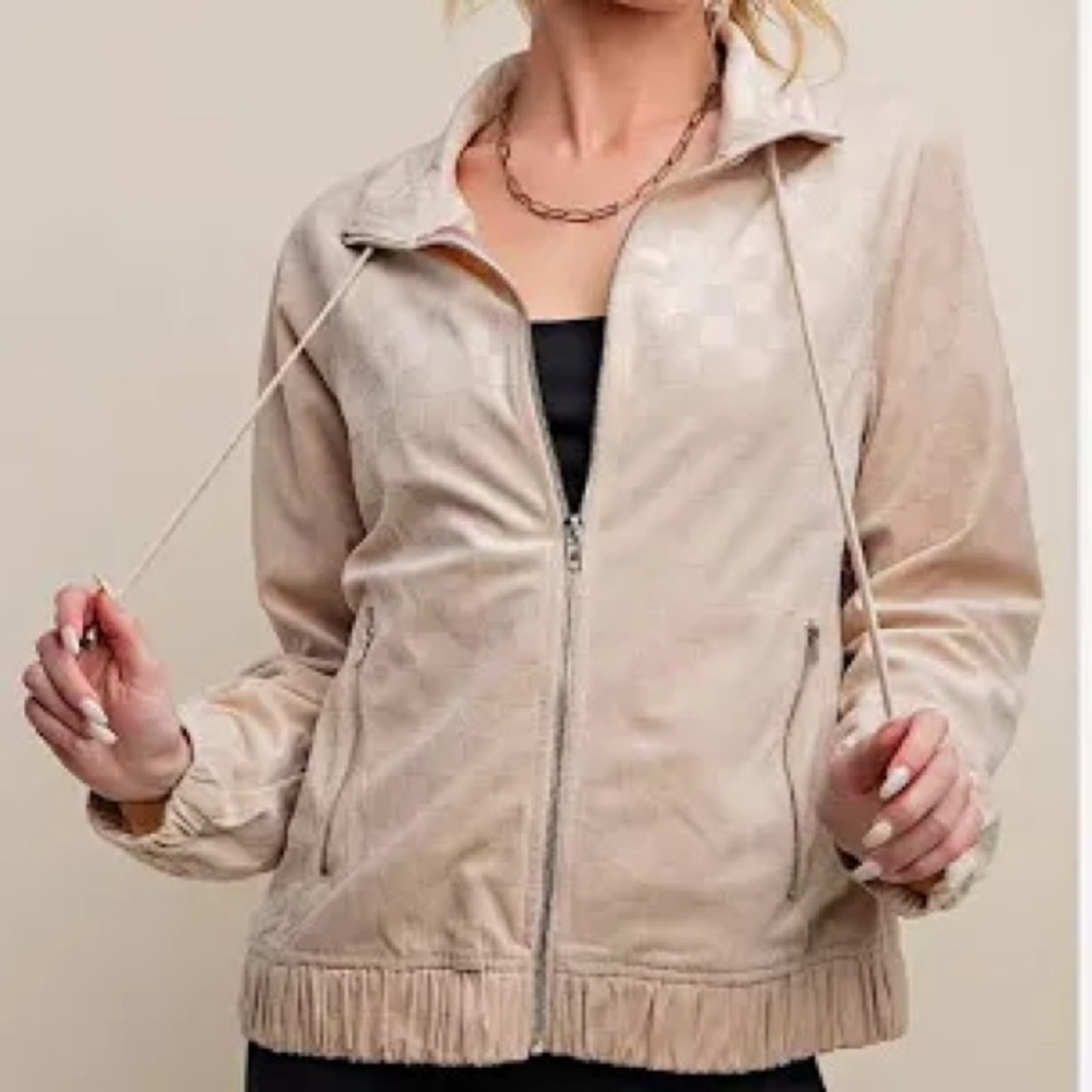 NWT Kori Plus Checkered Burn Out Bomber Jacket in Taupe size XL
